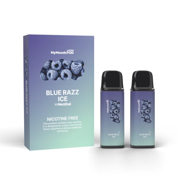 MyMoods POD BLUE RAZZ ICE（ノンニコチン）箱と POD 2本
